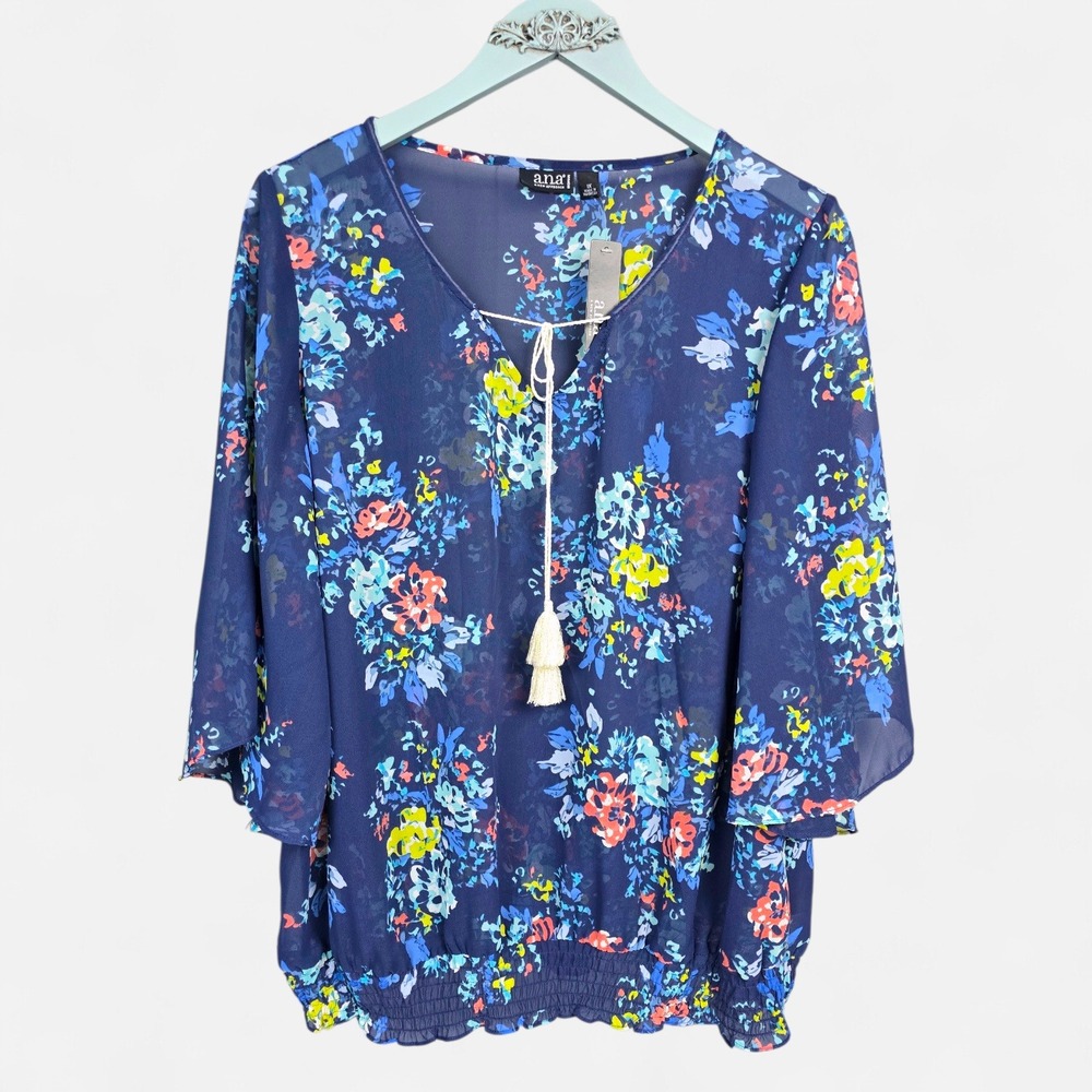 a.n.a Branded Floral Print Sheer Blouse‎ Size 1X NEW!